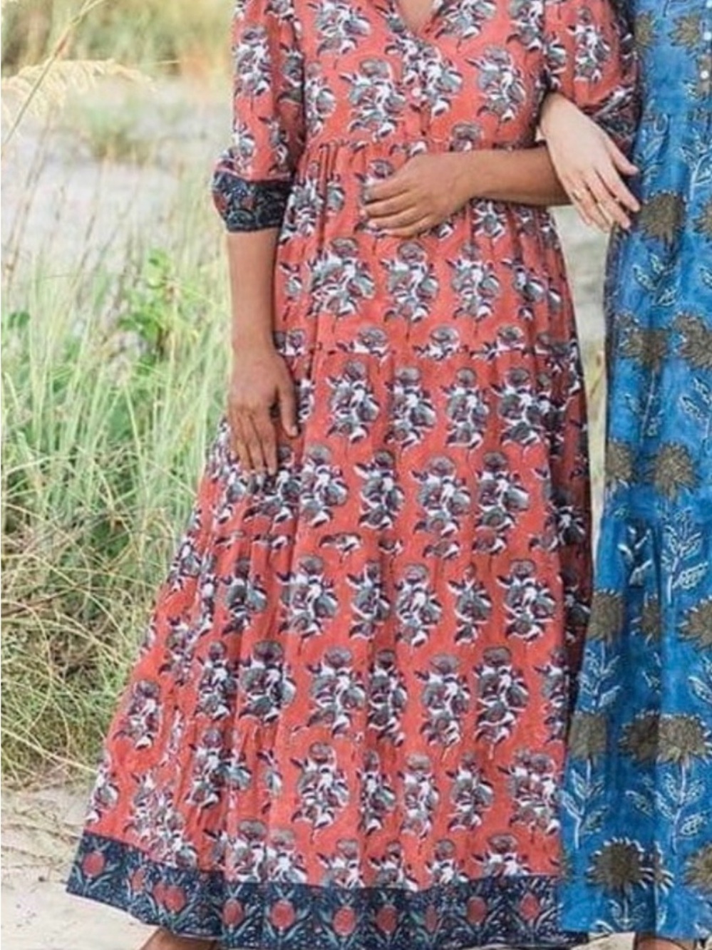 Victoria Dunn Coral Floral Maxi Dress with Navy Contrast